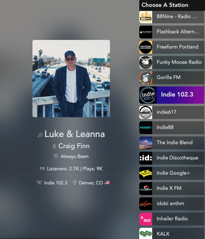 Screenshot of Scrobble Radio interface with song from Indie 102.3 playing
